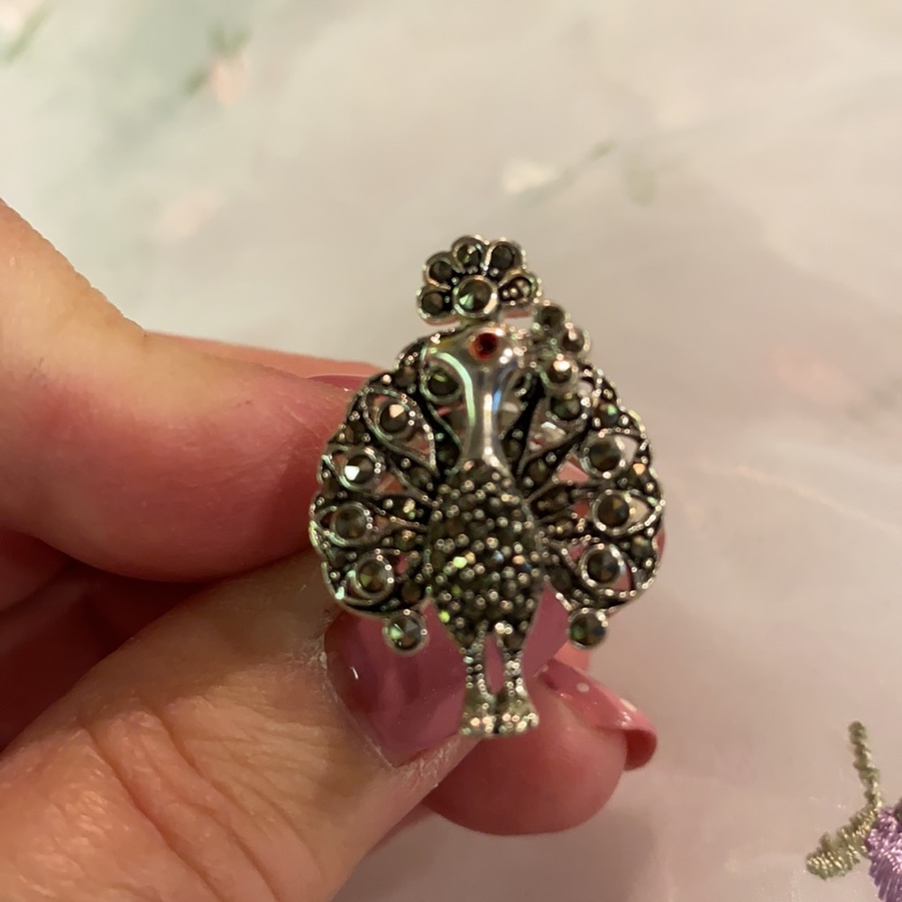 Sterling Silver Marcasite Ruby Peacock Ring - image 8